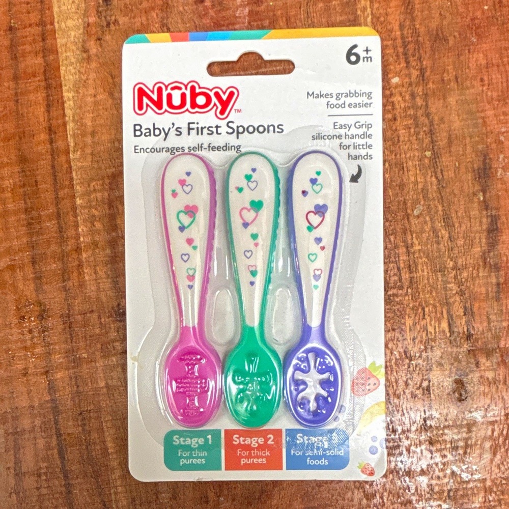 Nuby Baby's First Spoons Easy Grip Silicone 3-Pack, 6+ Months Pink/Green/Purple